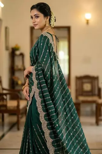 Emerald Color Zari Work And Stone Work  Vichitra art silk saree