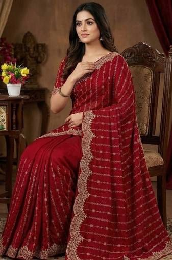 Maroon Color Zari Work And Stone Work  Vichitra silk Saree