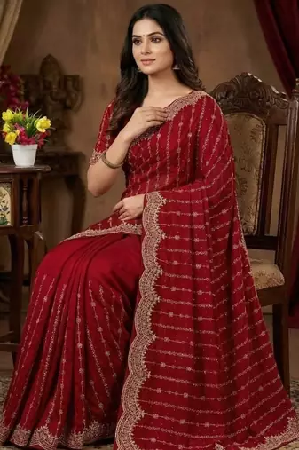 Maroon Color Zari Work And Stone Work  Vichitra silk Saree