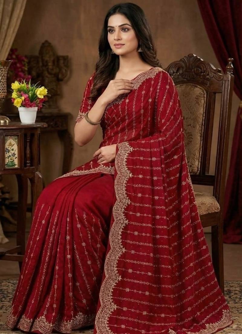 Maroon Color Zari Work And Stone Work  Vichitra silk Saree