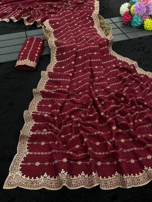 Maroon Color Zari Work And Stone Work  Vichitra art silk saree 2