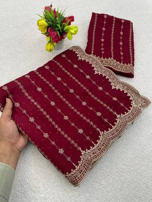Maroon Color Zari Work And Stone Work  Vichitra art silk saree 3
