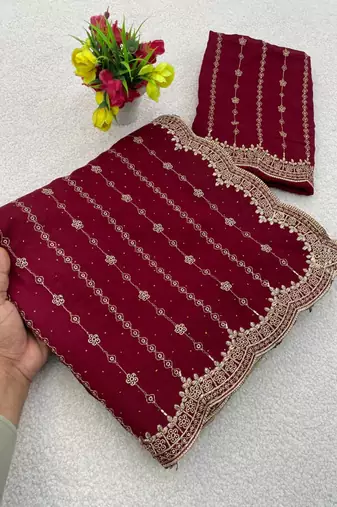 Maroon Color Zari Work And Stone Work  Vichitra art silk saree