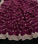 Plum Color Zari Work And Stone Work  Vichitra silk Saree
