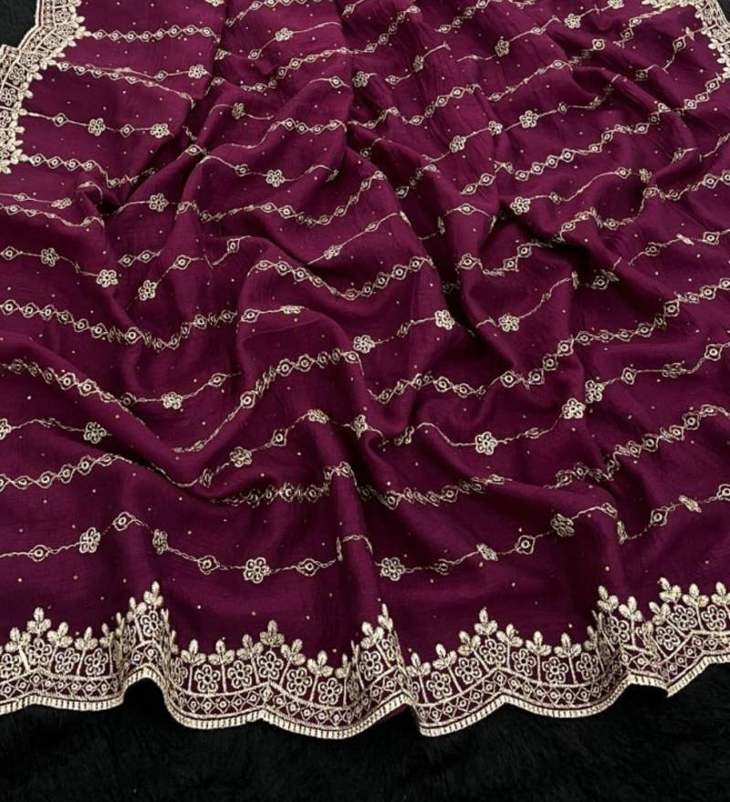 Plum Color Zari Work And Stone Work  Vichitra silk Saree