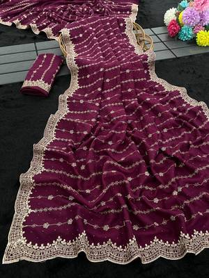Plum Color Zari Work And Stone Work  Vichitra art silk saree 2
