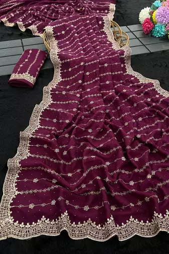 Plum Color Zari Work And Stone Work  Vichitra art silk saree