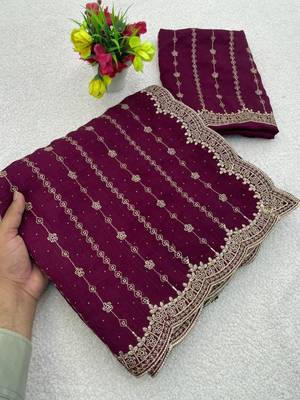 Plum Color Zari Work And Stone Work  Vichitra art silk saree 3