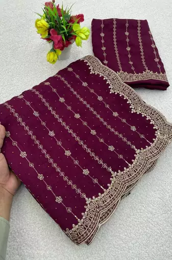 Plum Color Zari Work And Stone Work  Vichitra art silk saree