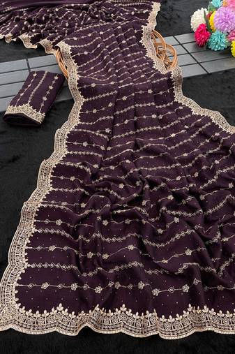 Purple Color Zari Work And Stone Work  Vichitra silk Saree