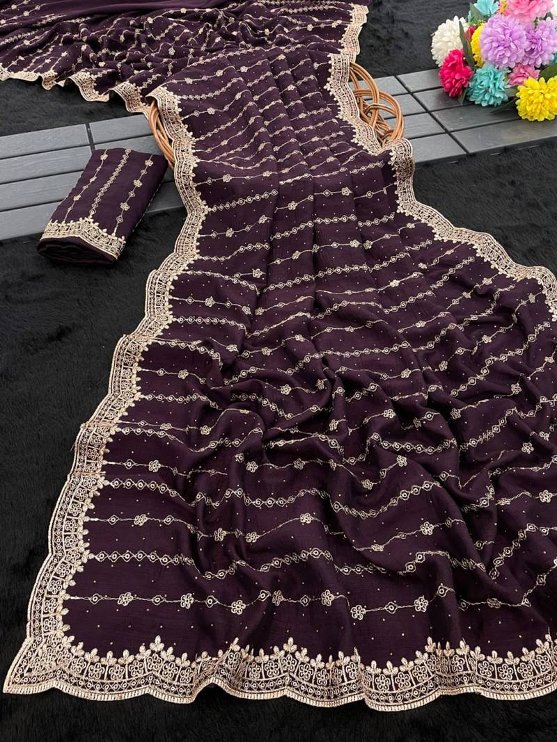 Purple Color Zari Work And Stone Work  Vichitra silk Saree