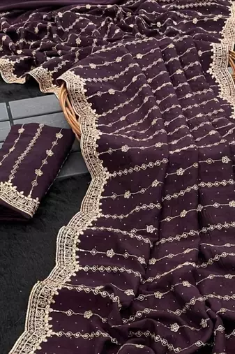 Purple Color Zari Work And Stone Work  Vichitra art silk saree