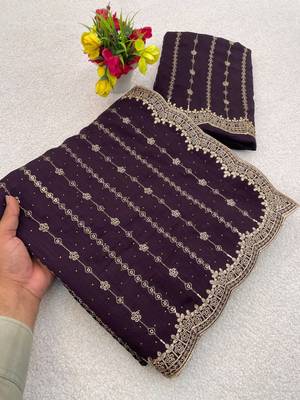 Purple Color Zari Work And Stone Work  Vichitra art silk saree 3