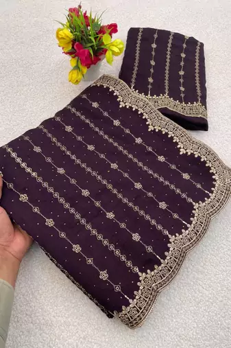 Purple Color Zari Work And Stone Work  Vichitra art silk saree