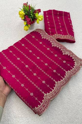 Rani Pink Color Zari Work And Stone Work  Vichitra silk Saree