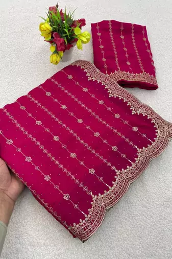 Rani Pink Color Zari Work And Stone Work  Vichitra silk Saree