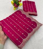 Rani Pink Color Zari Work And Stone Work  Vichitra silk Saree