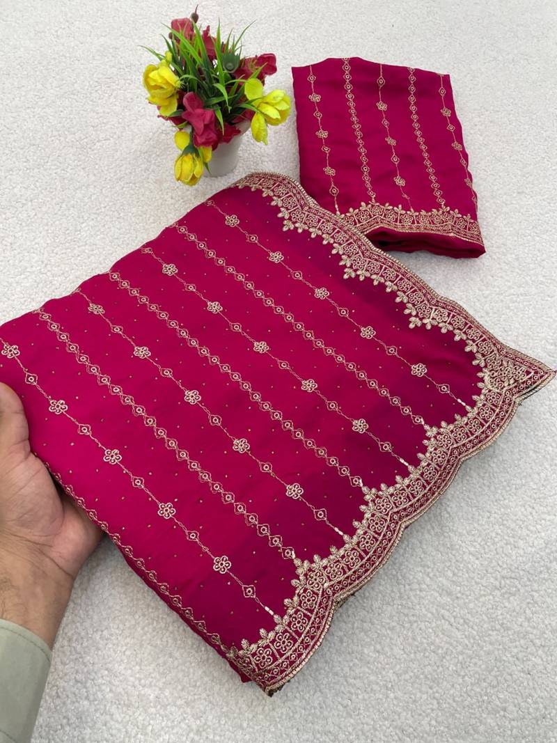 Rani Pink Color Zari Work And Stone Work  Vichitra silk Saree