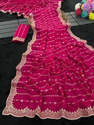 Rani Pink Color Zari Work And Stone Work  Vichitra art silk saree 2