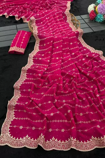 Rani Pink Color Zari Work And Stone Work  Vichitra art silk saree