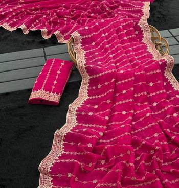 Rani Pink Color Zari Work And Stone Work  Vichitra art silk saree 3