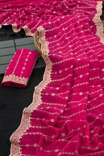 Rani Pink Color Zari Work And Stone Work  Vichitra art silk saree