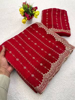 Red Color Zari Work And Stone Work  Vichitra art silk saree 1
