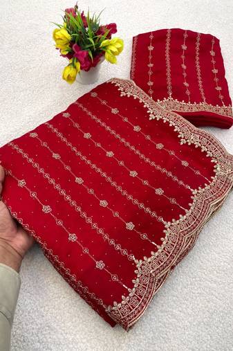 Red Color Zari Work And Stone Work  Vichitra silk Saree
