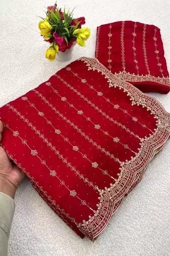 Red Color Zari Work And Stone Work  Vichitra silk Saree