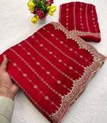 Red Color Zari Work And Stone Work  Vichitra silk Saree