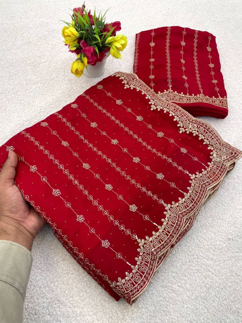 Red Color Zari Work And Stone Work  Vichitra silk Saree