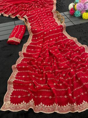 Red Color Zari Work And Stone Work  Vichitra art silk saree 2