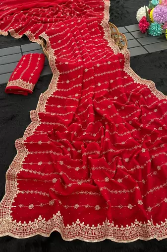 Red Color Zari Work And Stone Work  Vichitra art silk saree