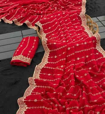 Red Color Zari Work And Stone Work  Vichitra art silk saree 3
