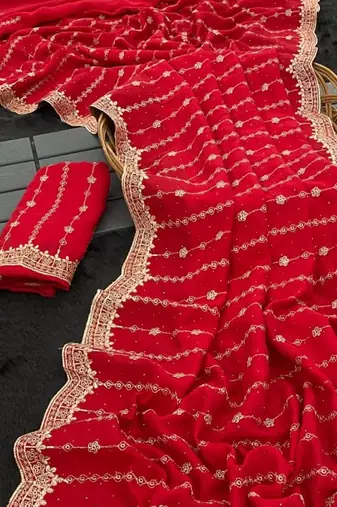 Red Color Zari Work And Stone Work  Vichitra art silk saree