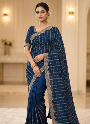 Teal Color Zari Work And Stone Work  Vichitra art silk saree 1
