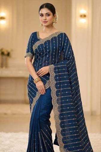 Teal Color Zari Work And Stone Work  Vichitra silk Saree