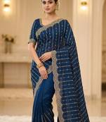 Teal Color Zari Work And Stone Work  Vichitra silk Saree
