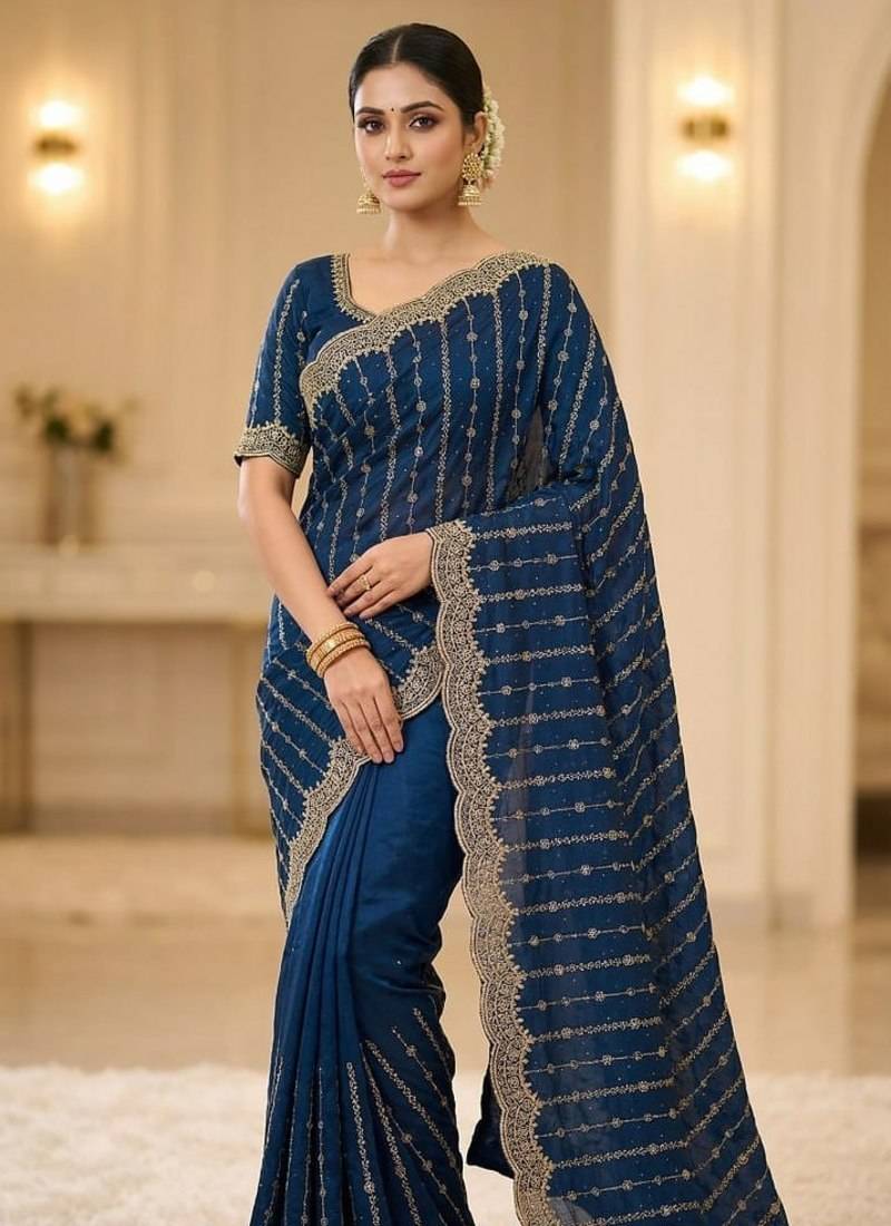 Teal Color Zari Work And Stone Work  Vichitra silk Saree