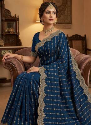 Teal Color Zari Work And Stone Work  Vichitra art silk saree 2