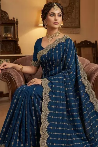 Teal Color Zari Work And Stone Work  Vichitra art silk saree