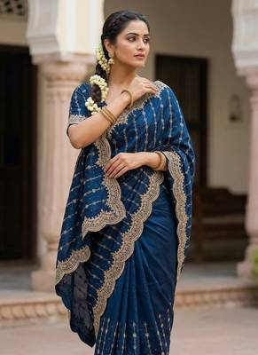 Teal Color Zari Work And Stone Work  Vichitra art silk saree 3