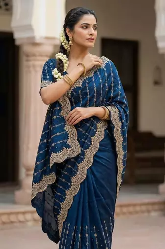 Teal Color Zari Work And Stone Work  Vichitra art silk saree