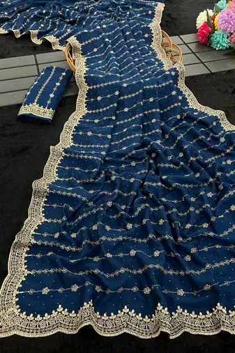 Teal Color Zari Work And Stone Work  Vichitra art silk saree