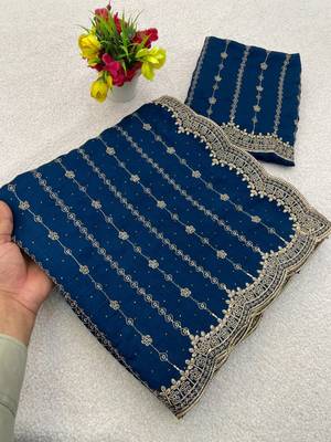 Teal Color Zari Work And Stone Work  Vichitra art silk saree 5