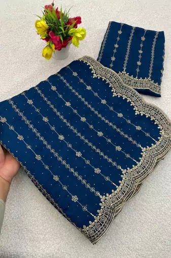 Teal Color Zari Work And Stone Work  Vichitra art silk saree