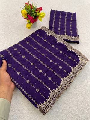 Violet Color Zari Work And Stone Work  Vichitra art silk saree 1