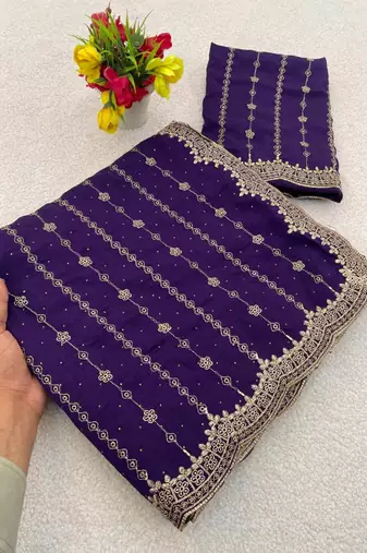 Violet Color Zari Work And Stone Work  Vichitra silk Saree