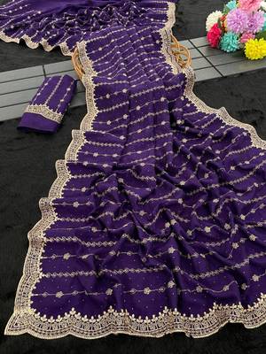 Violet Color Zari Work And Stone Work  Vichitra art silk saree 2