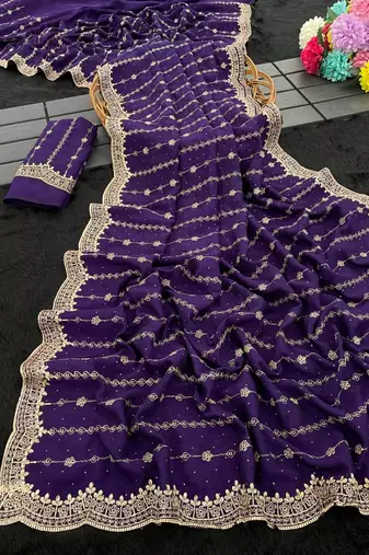 Violet Color Zari Work And Stone Work  Vichitra art silk saree